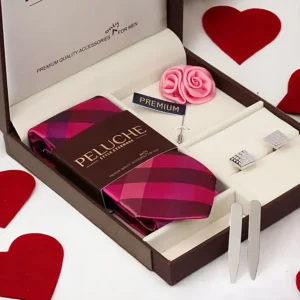 Peluche Checkered Tie & Cuflink Gift- Pink